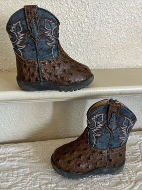 Roper Infant Boys Tan Vamp Navy Shaft Cowbaby Boots Size 4 Infant Side Zip